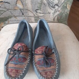 Minnetonka Blue and Brown Moccasins with Southwestern Accents